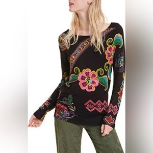 Desigual M Black Tee with Vibrant Pink Accent Floral Sweater Knit Top